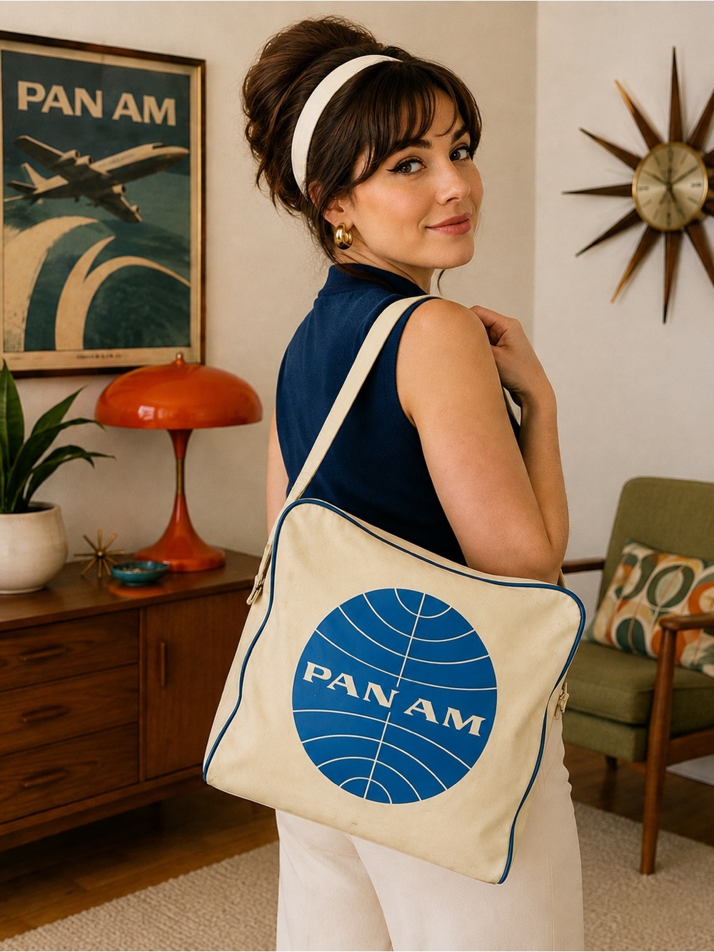 Vintage 1960s Pan Am Airlines Flight Bag White Blue Globe Logo Shoulder Travel